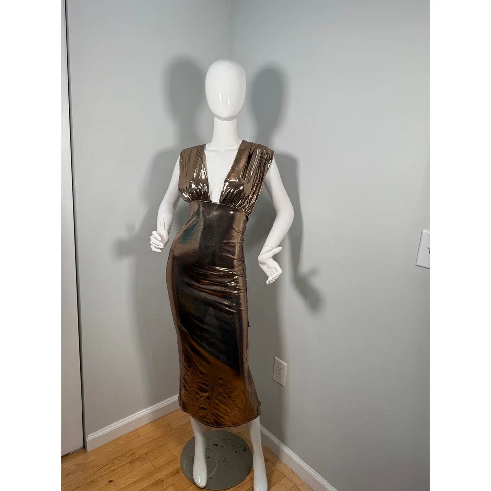 Micas Metallic Gold Open Back Midi Dress‎ size M